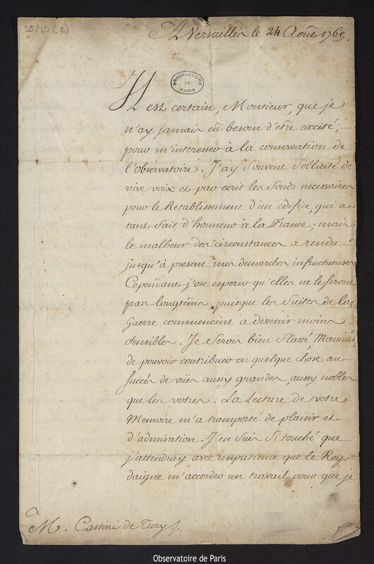 Lettre de Abel François Poisson, marquis de Marigny, à Cassini III, directeur de l'Observatoire, à Versailles le 24 août 1769