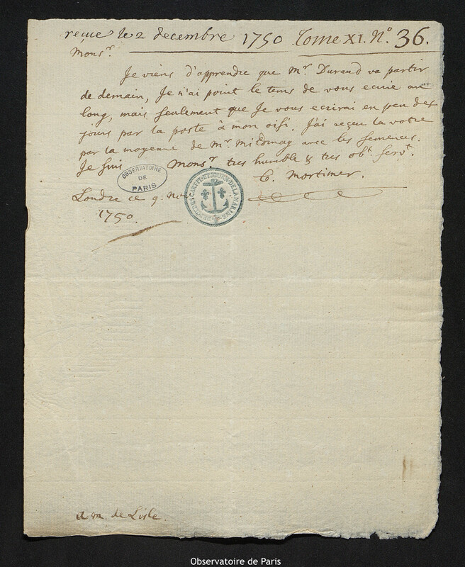 Lettre de Cromwell Mortimer à Joseph-Nicolas Delisle, Londres, 9 novembre 1750