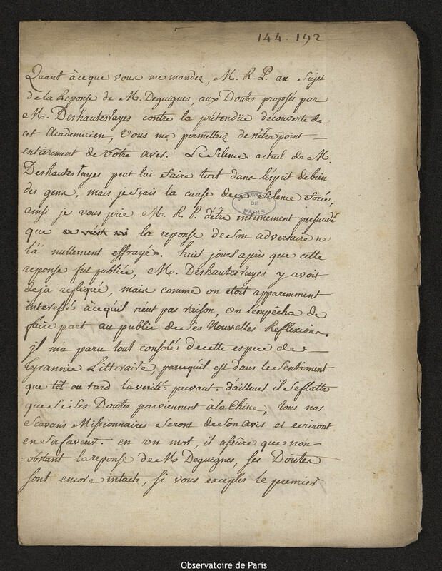 Lettre de Joseph-Nicolas Delisle à Louis Patouillet