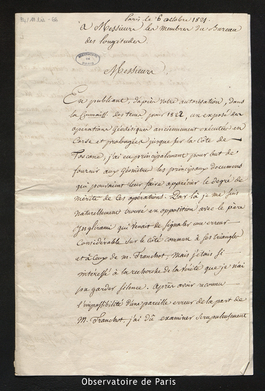 Lettre de Puissant à M. les membres du Bureau des Longitudes, Paris le 6 octobre 1821