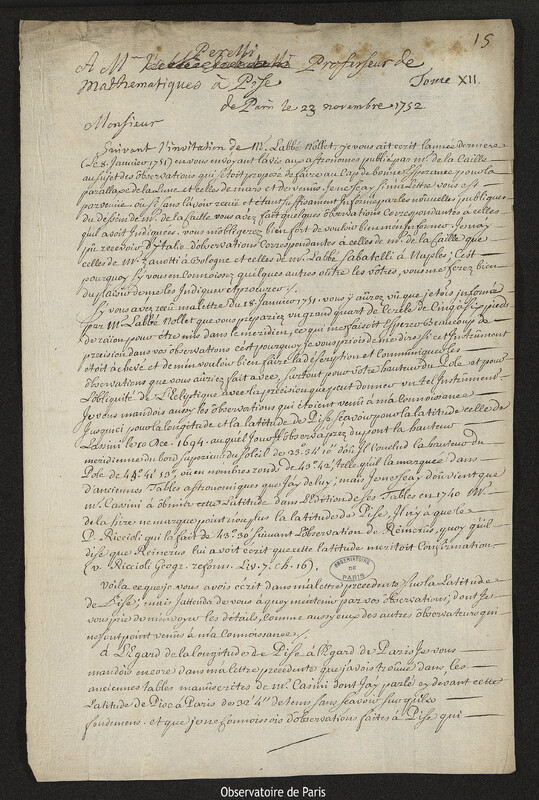 Lettre de Joseph-Nicolas Delisle à Tommaso Perelli, Paris, 23 novembre 1752