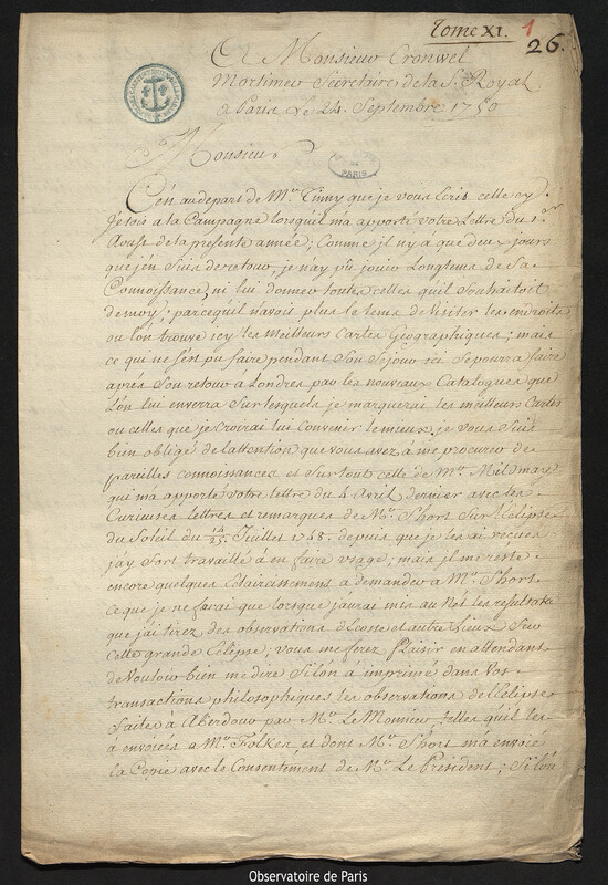 Lettre de Joseph-Nicolas Delisle à Cromwell Mortimer, Paris, 24 septembre 1750