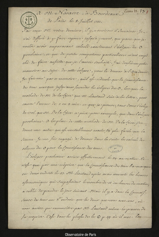 Lettre de Joseph-Nicolas Delisle à Joseph de Navarre, Paris, 8 juillet 1721