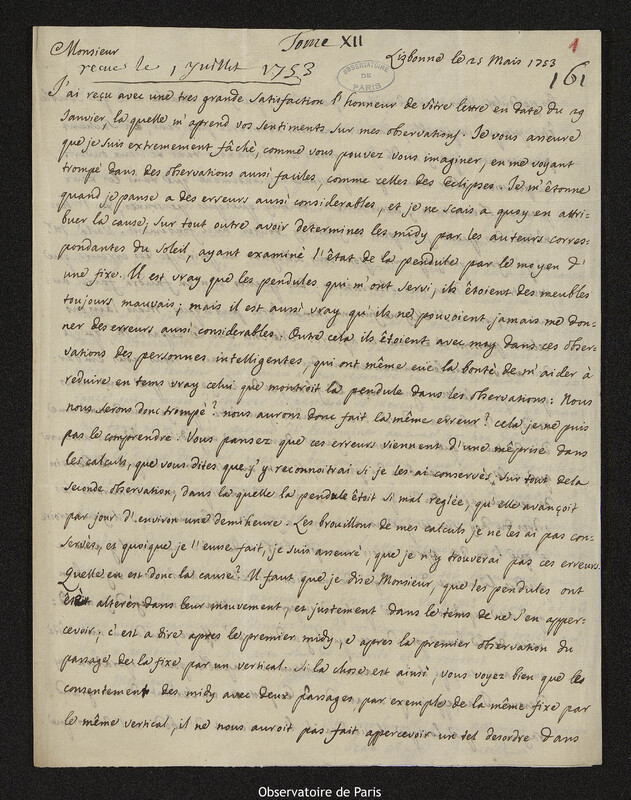 Lettre de Jean Ange Brunelli à Joseph-Nicolas Delisle, Lisbonne, 25 mai 1753