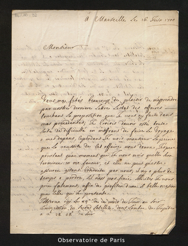 Lettre de Feuillée à Cassini I, Marseille le 16 juin 1700