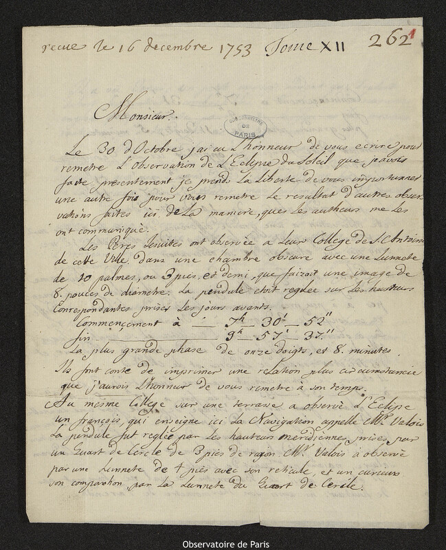 Lettre de Jean Chevalier à Joseph-Nicolas Delisle, Lisbonne, 13 novembre 1753