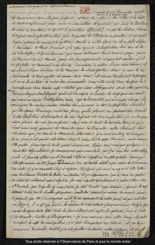 Lettre du baron Franz Xaver von Zach à Joseph Jérôme Le françois de Lalande [Gotha], 22 décembre 1796