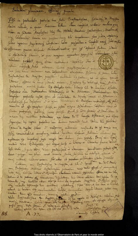 Lettre de Lorenz Eichstaedt à Jan Heweliusz, Gdansk, 2 novembre 1656