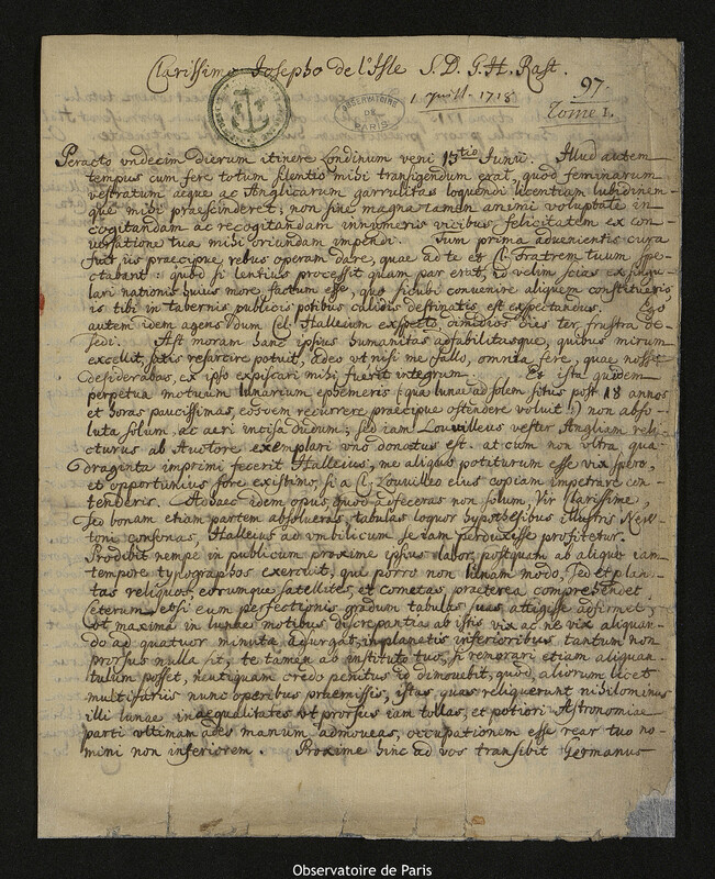 Lettre de Georg Heinrich Rast à Joseph-Nicolas Delisle, Londres, 1 juillet 1718