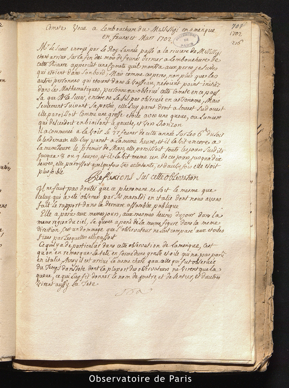 CASSINI I. Comète vue à l'embouchure du Mississipi en Amérique en février et mars 1702