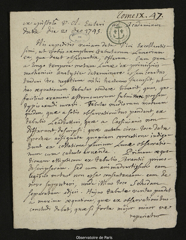 Lettre de Leonhard Euler à Joseph-Nicolas Delisle, Vienne, 21 décembre 1745