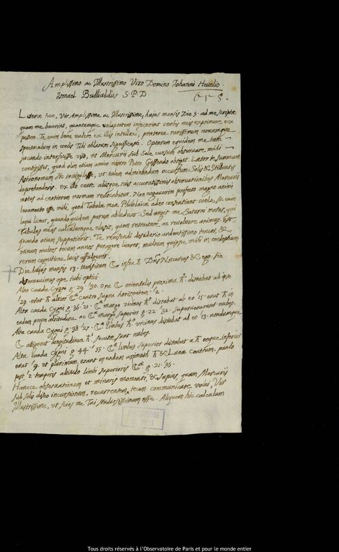 Lettre d'Ismaël Boulliau à Jan Heweliusz, Varsovie, 16 mai 1661