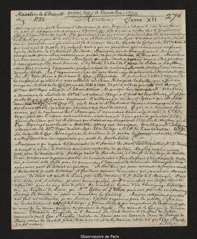 Lettre à Joseph-Nicolas Delisle, Haarlem, 6 décembre 1752