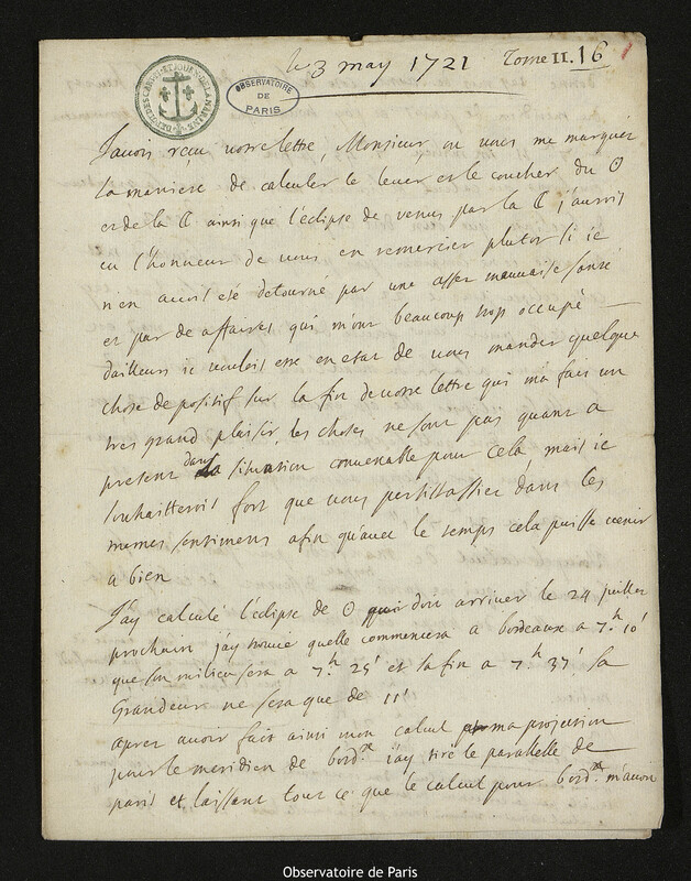 Lettre de Joseph de Navarre à Joseph-Nicolas Delisle, Bordeaux, 3 mai 1721