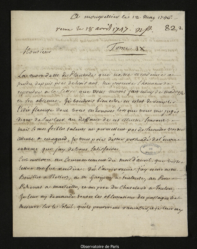 Lettre de Pierre-François de Guilleminet à Joseph-Nicolas Delisle, Montpellier, 12 mai 1746