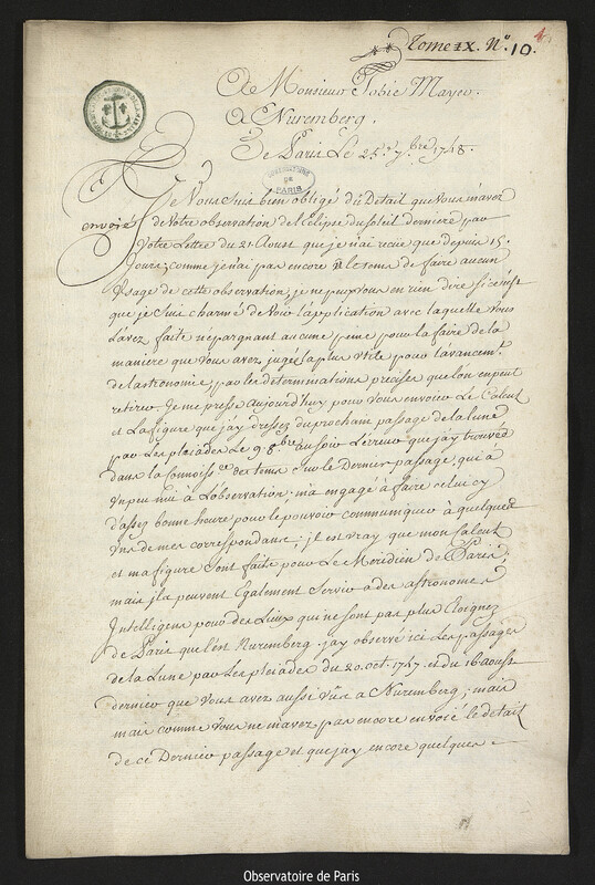 Lettre de Joseph-Nicolas Delisle à Johann Tobias Mayer, Paris, 25 septembre 1748