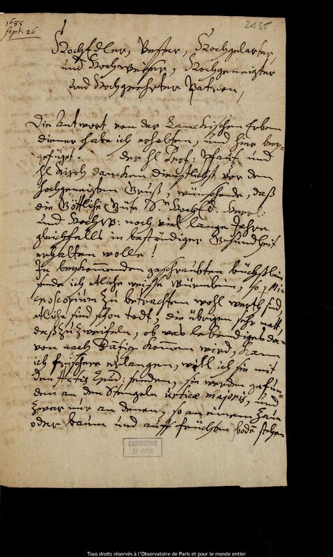 Lettre de Johann Abraham Ihle à Jan Heweliusz, Leipzig, 26 septembre 1685