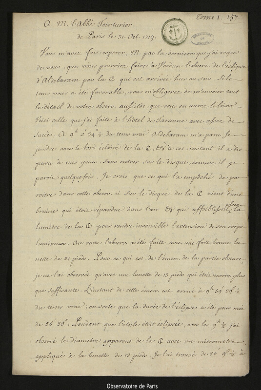 Lettre de Joseph-Nicolas Delisle à Charles Teinturier, Paris, 31 octobre 1719