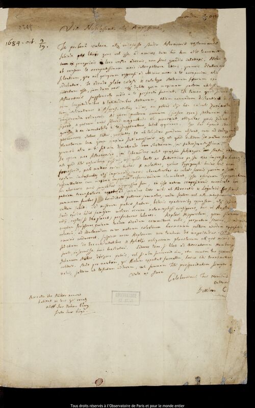 Lettre de Detlev Clüver à Jan Heweliusz, Londres, 9 octobre 1684