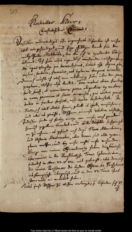 Lettre de Johann Sigismund Elsholtz à Jan Heweliusz, Berlin, 20 octobre 1680