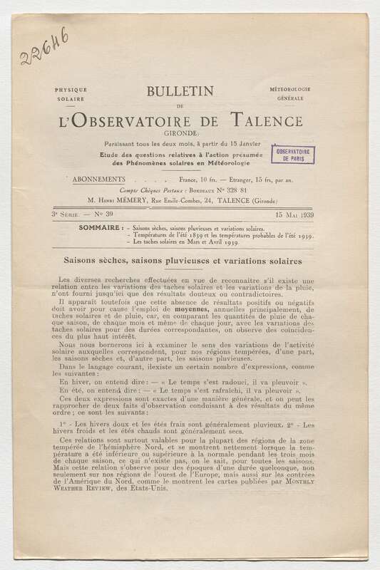 (1939) Bulletin de l'Observatoire de Talence, 3e série