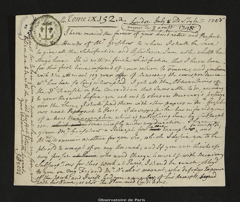 Lettre de Jean Bevis à Joseph-Nicolas Delisle, Londres, 8 juillet 1748