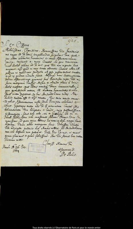 Lettre de Stanislaw Lubieniecki à Jan Heweliusz, Hambourg, 26 décembre 1664