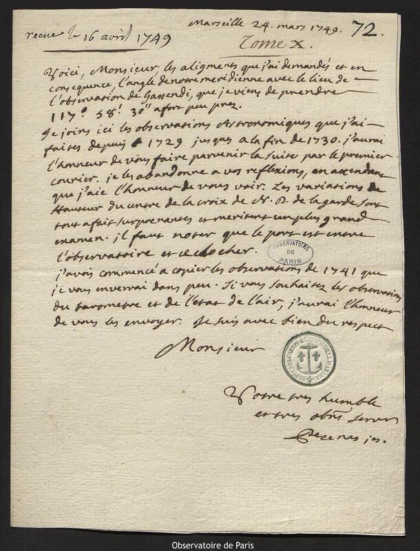 Lettre de Esprit Pezenas à Joseph-Nicolas Delisle, Marseille, 24 mars 1749