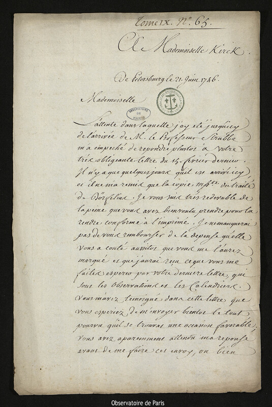 Lettre de Joseph-Nicolas Delisle à Christine Kirch, Saint-Pétersbourg,21 juin 1746