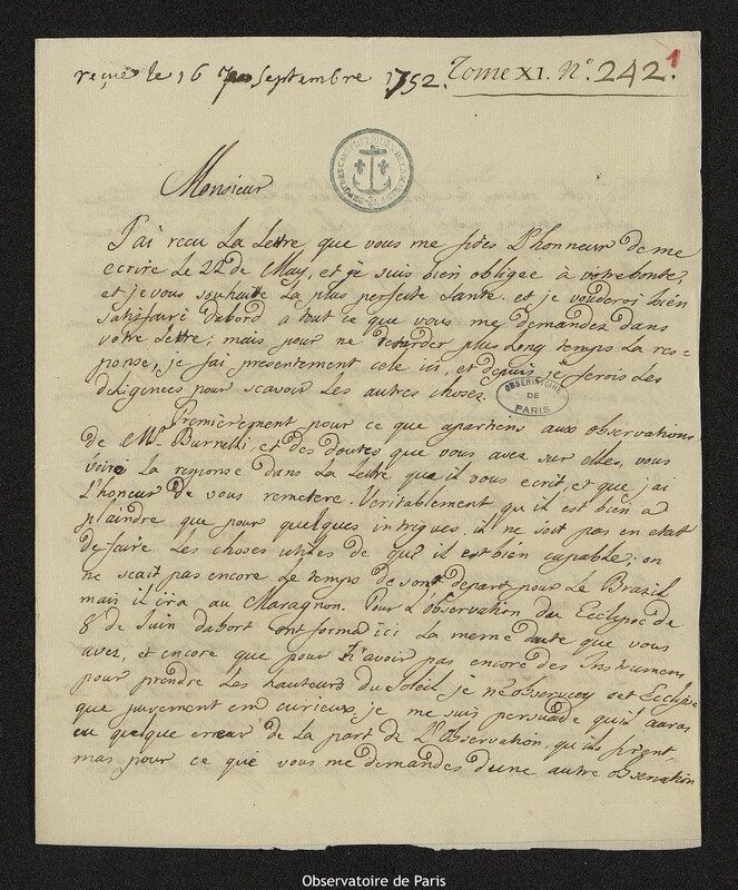 Lettre de Jean Chevalier à Joseph-Nicolas Delisle, Lisbonne, 25 juillet 1752