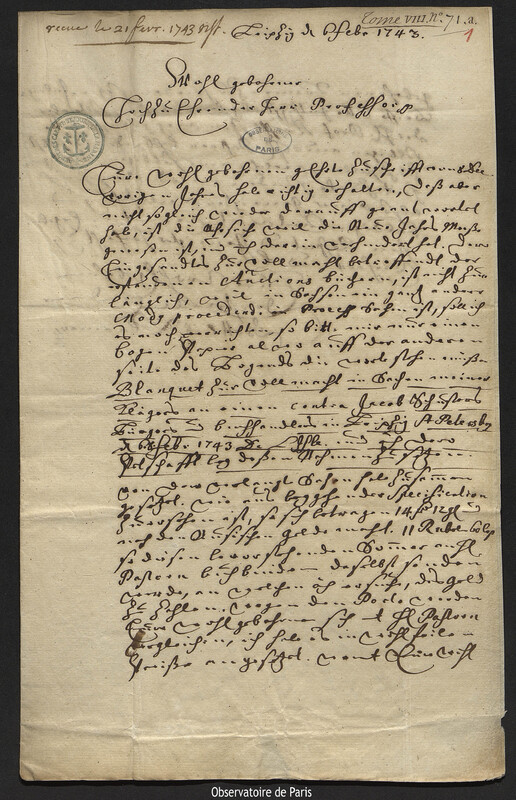 Lettre de Gottlieb Clanner à Joseph-Nicolas Delisle, Leipzig, 6 février 1743