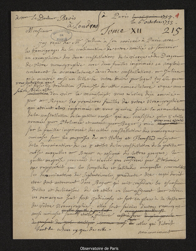 Lettre de Joseph-Nicolas Delisle à Jean Bevis, Paris, 6 octobre 1753