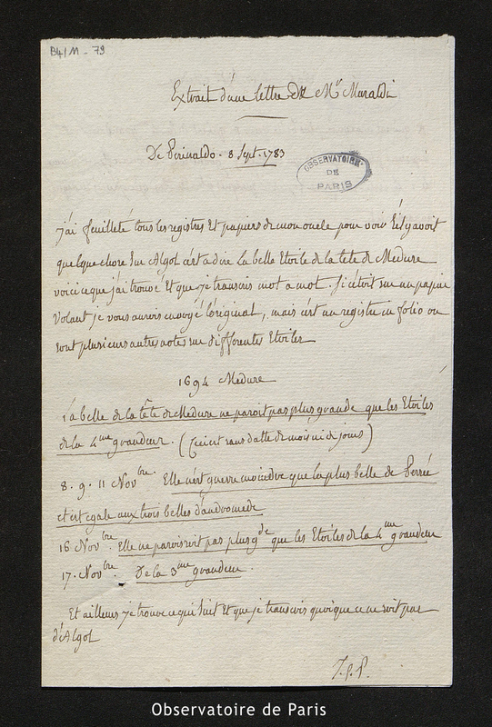 Lettre de Maraldi (Jacques Philippe), Maraldi I, à Cassini IV, Perinaldo le 8 septembre 1783