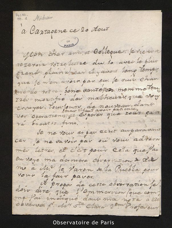 Lettre de Gonzalez Ortiz à Méchain, Carthagène (Espagne) le 20 août [1804]