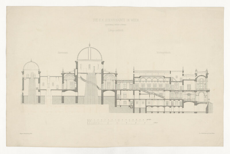 Observatoire de Vienne. Die K. K. Sternwarte in Wien [Architekten : Fellner u. Helmer] : Längenschnitt [Sternwarte, Wohngebäude] (titre original)