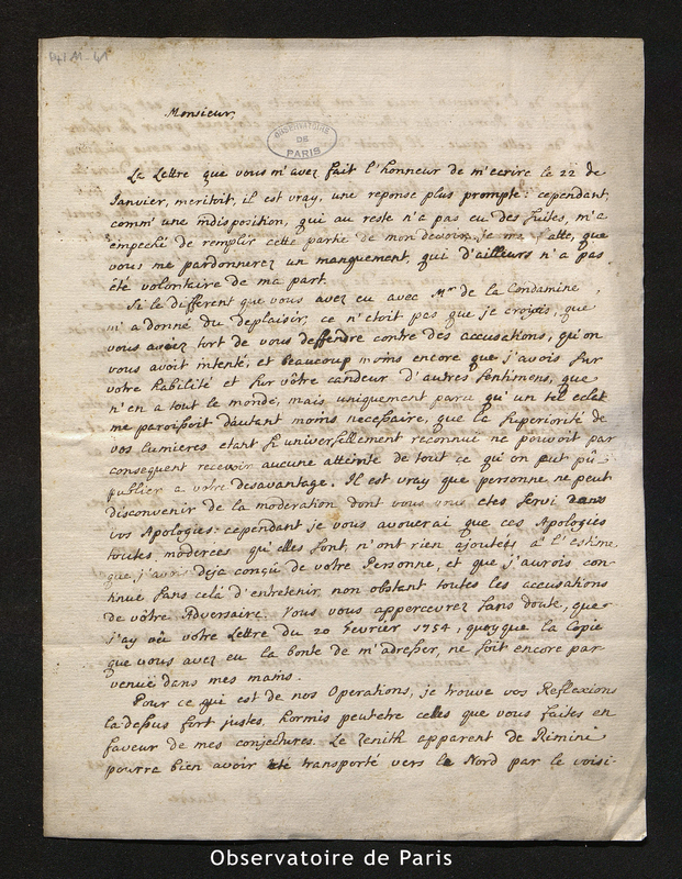 Lettre de Maire à Bouguer, Rome le 12 mars 1755