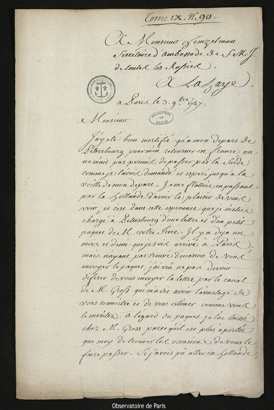 Lettre de Joseph-Nicolas Delisle à Heinzelman, Paris, 3 novembre 1747