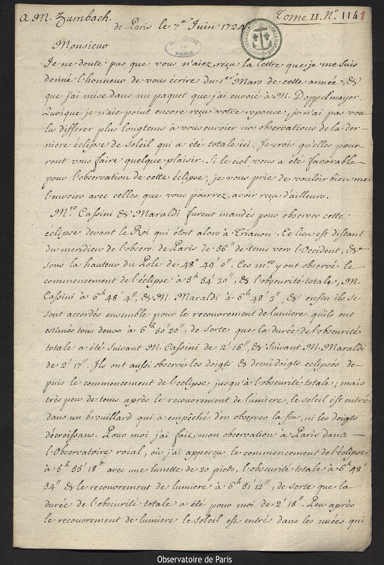 Lettre de Joseph-Nicolas Delisle à Lothar Zumbag de Koesfelt, Paris, 7 juin 1724