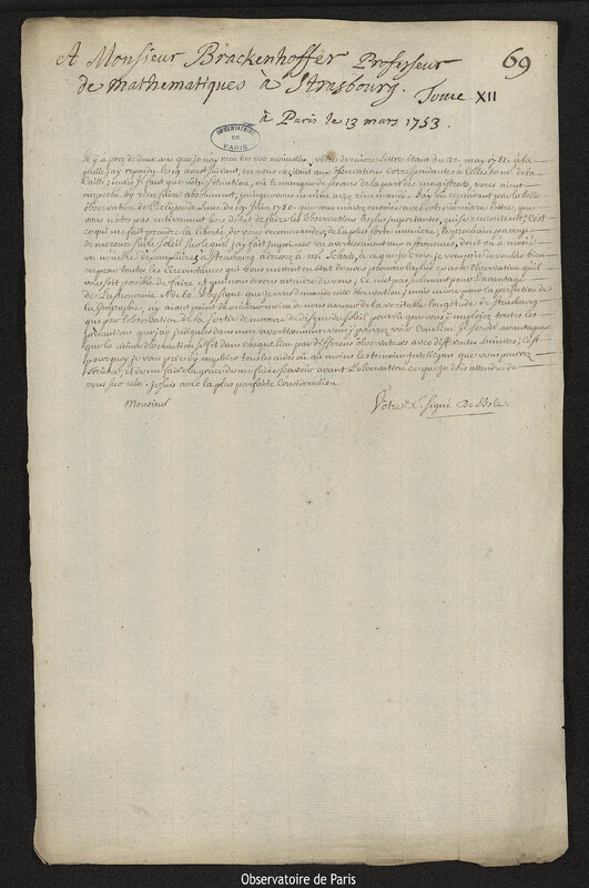 Lettre de Joseph-Nicolas Delisle à Jean Jérémie Brackenhoffer, Paris, 13 mars 1753