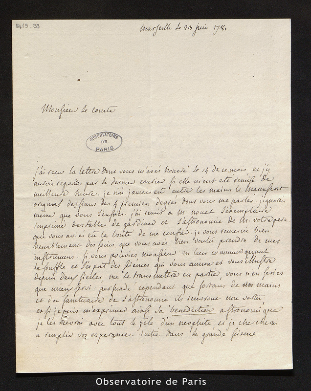 Lettre de Beauchamp à Cassini IV, Marseille le 23 juin 1781