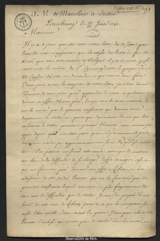 Lettre de Joseph-Nicolas Delisle à Paul Émile de Mauclerc, Saint-Pétersbourg, 30 juin 1742