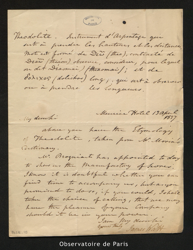 Lettre de James Watt à François Arago, Meurice Hotel le 13 avril 1837