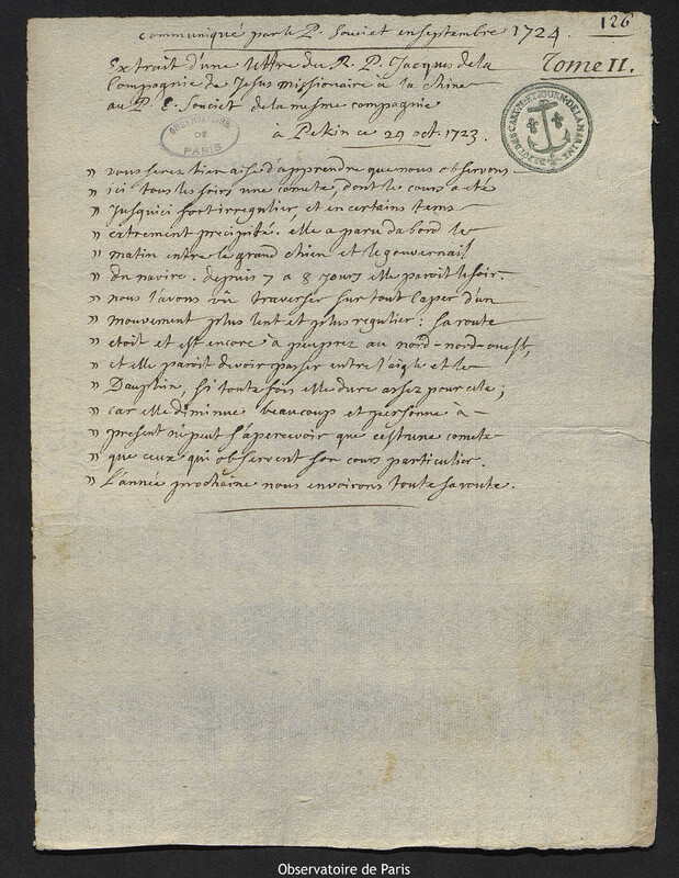 Extrait d'une lettre du R.P. Jacques de la Compagnie de Jésus, missionnaire à la Chine au P. E. Souciet de la même compagnie, Pékin, 1723-1724