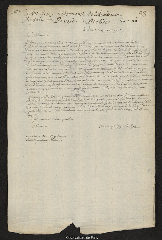 Lettre de Joseph-Nicolas Delisle à Johann Kies, Paris, 9 avril 1753