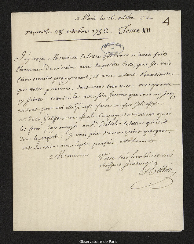 Lettre de Jacques-Nicolas Bellin à Joseph-Nicolas Delisle, Paris, 26 octobre 1752