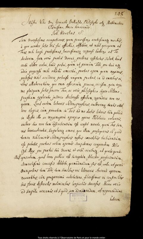 Lettre de Jan Heweliusz à Ismaël Boulliau, Gdansk, 18 février 1650