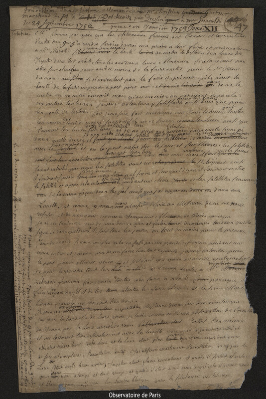 Lettre de Christian Gärtner à Jean Dominique Maraldi, 24 septembre 1752