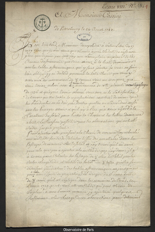 Lettre de Joseph-Nicolas Delisle à Jacques Cassini, Saint-Pétersbourg, 24 août 1743