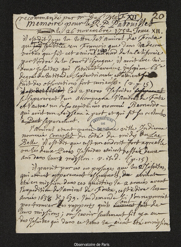 Lettre de Joseph-Nicolas Delisle à Louis Patouillet, 26 novembre 1752