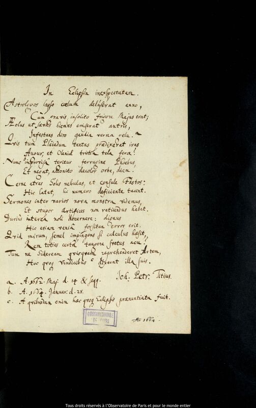 Texte manuscrit de Johann Peter Titz, 1664